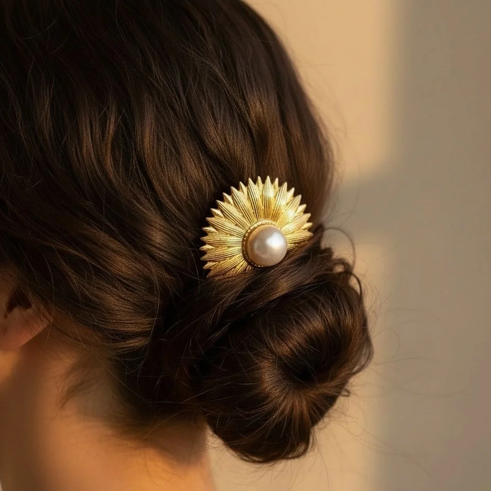 18K Gold Plated Sunburst Floral Hair Comb Pearl Statement Barrette Waterproof
